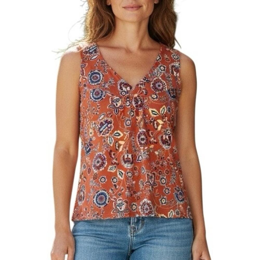 Floral Sleeveless Tank Top Boho Orange Rust Flowy Blouse Womens M - Picture 2 of 9